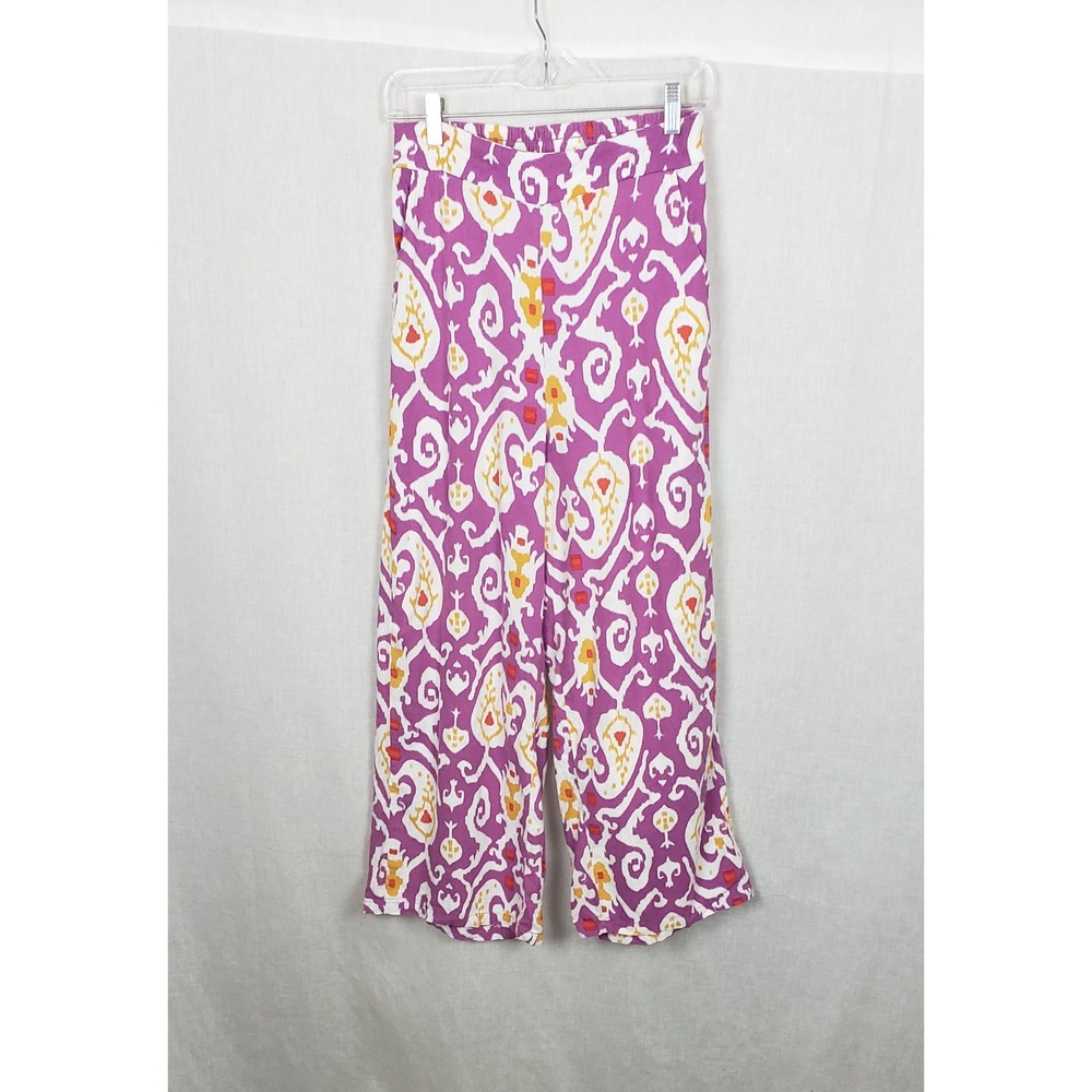 Christian Siriano New York Purple Ikat Linen Blend Wide Leg Crop Pants Womens S
